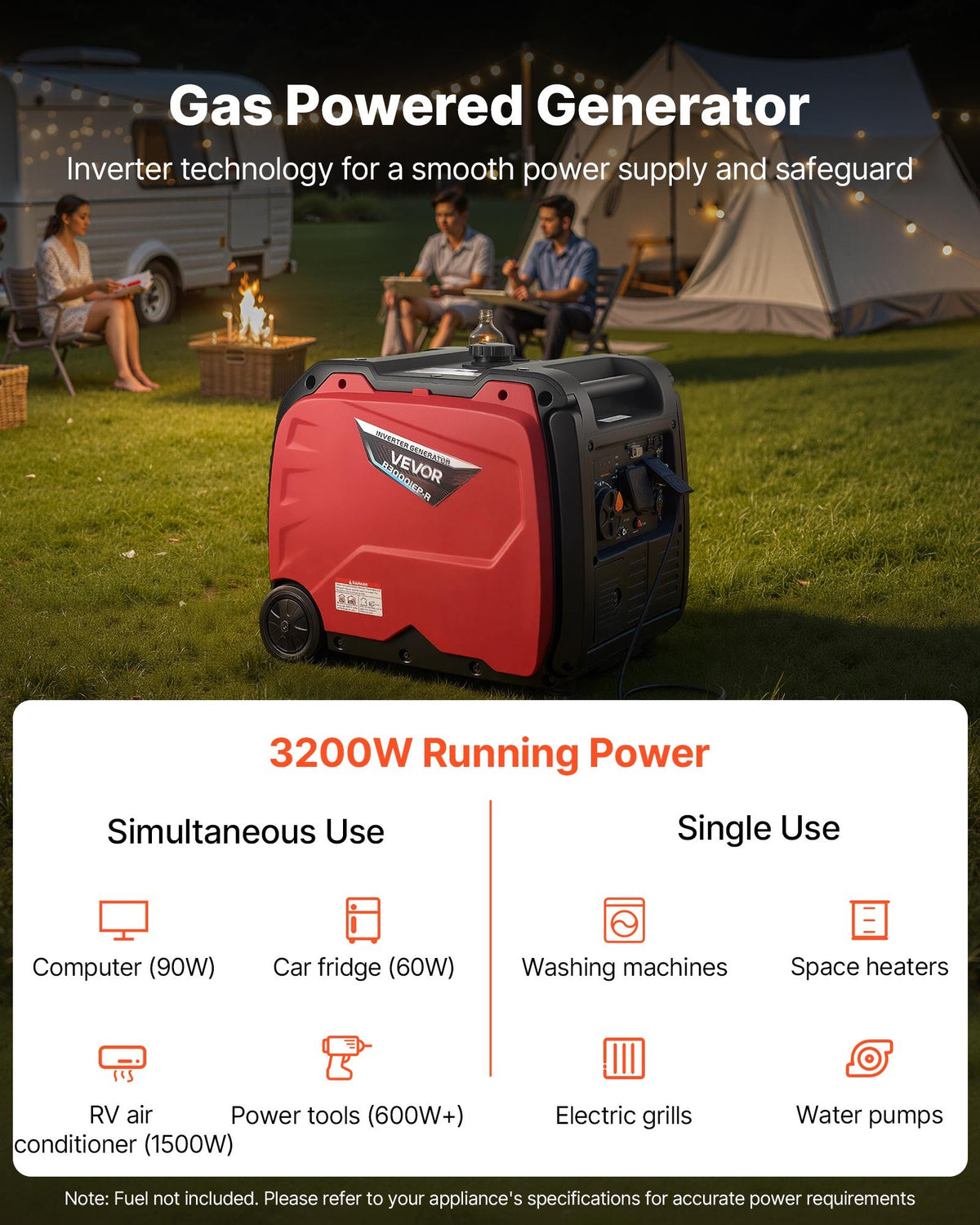 VEVOR Inverter Generator, 4200W Peak Watt Quiet Inverter Generator, Electric Start Inverters Generators for Home Outdoor, Gas Powered, Stable Power, CO Sensor, RV Ready 8.3A Outlet, Long Run Time - BCGBPFDJJYSDPGIXY001V5 - view 3