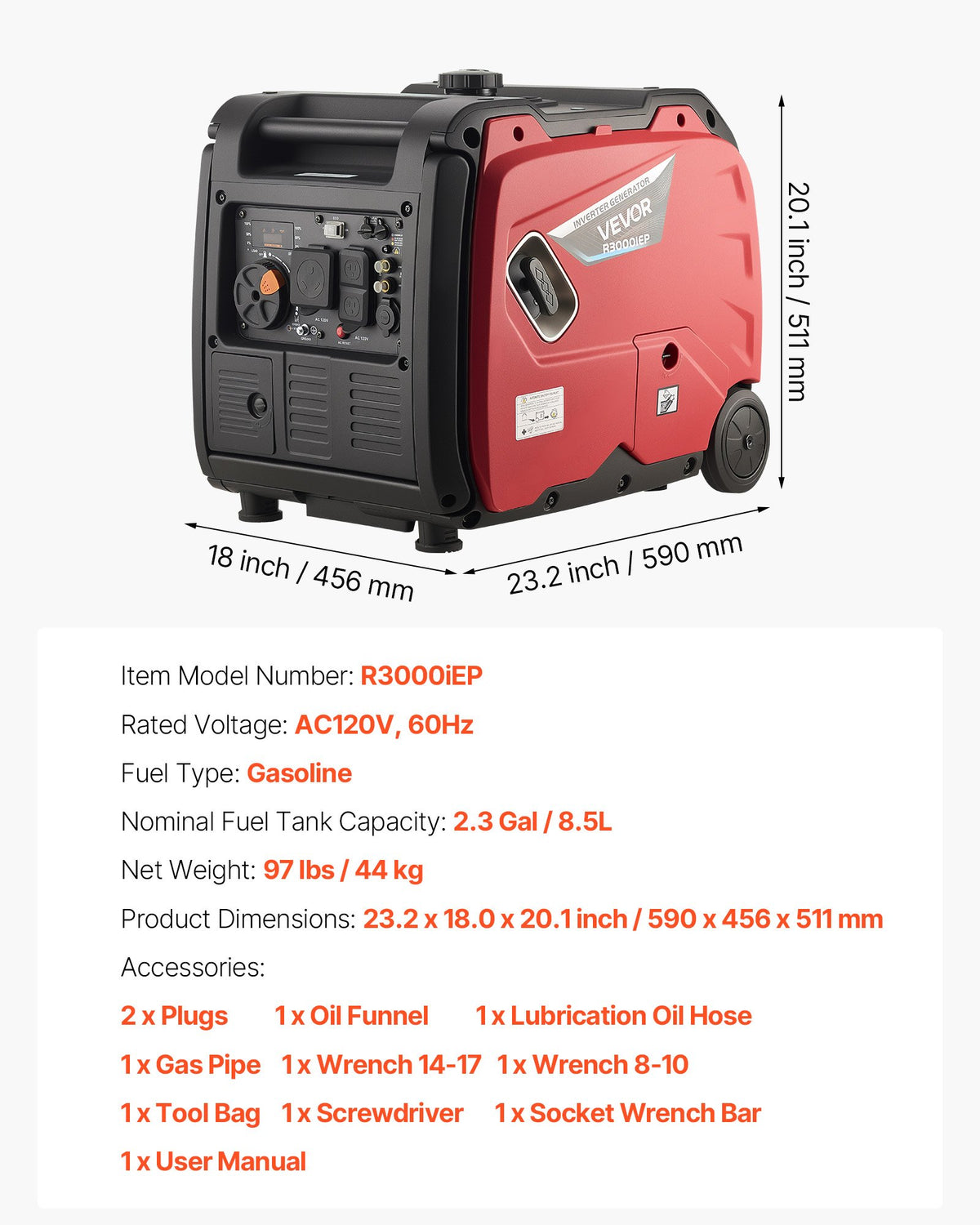VEVOR Inverter Generator, 4200W Peak Watt Quiet Inverter Generator, Electric Start Inverters Generators for Home Outdoor, Gas Powered, Stable Power, CO Sensor, RV Ready 8.3A Outlet, Long Run Time - BCGBPFDJJYSDPGIXY001V5 - view 8