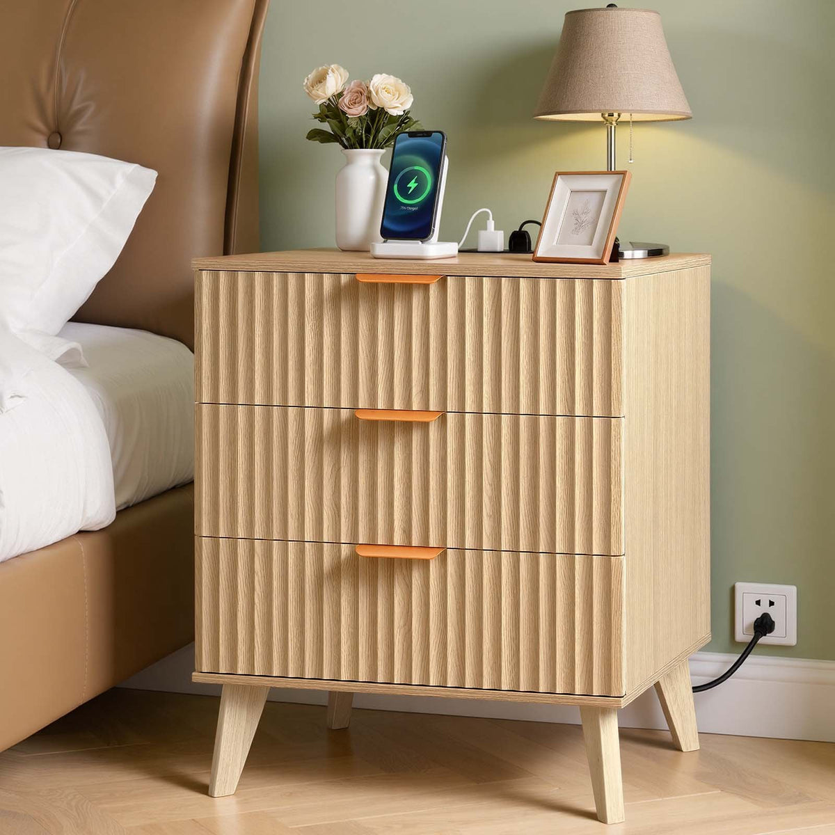 VEVOR Fluted Nightstand with Charging Station, with 3 Drawers, Dresser for Bedroom, Mid Century Modern End Table, Bedside Storage Cabinet Side Table Chest of Dresser, for Bedroom, Living Room, Khaki - BCGBSBZHBCTJ9KRXZ001V1 - view 1