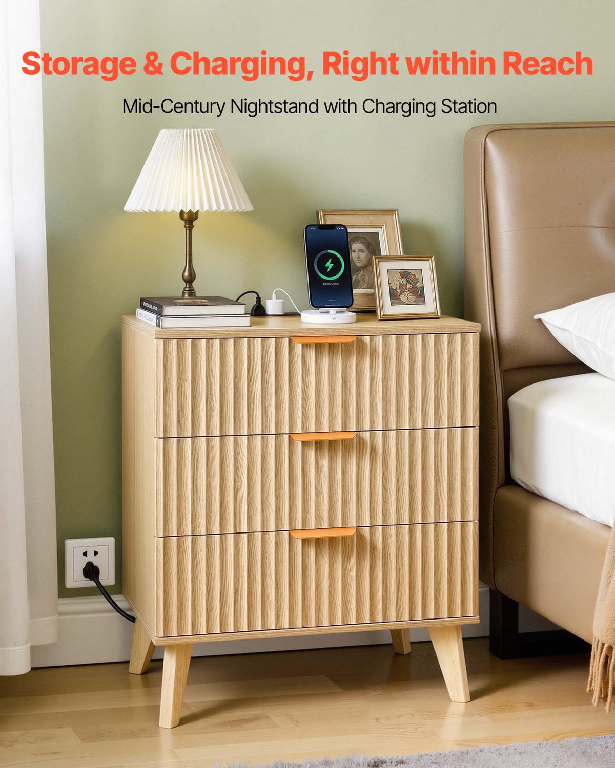 VEVOR Fluted Nightstand with Charging Station, with 3 Drawers, Dresser for Bedroom, Mid Century Modern End Table, Bedside Storage Cabinet Side Table Chest of Dresser, for Bedroom, Living Room, Khaki - BCGBSBZHBCTJ9KRXZ001V1 - view 3