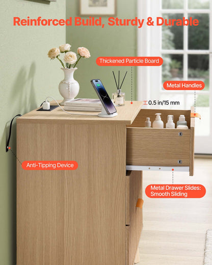 VEVOR Fluted Nightstand with Charging Station, with 3 Drawers, Dresser for Bedroom, Mid Century Modern End Table, Bedside Storage Cabinet Side Table Chest of Dresser, for Bedroom, Living Room, Khaki - BCGBSBZHBCTJ9KRXZ001V1 - view 7