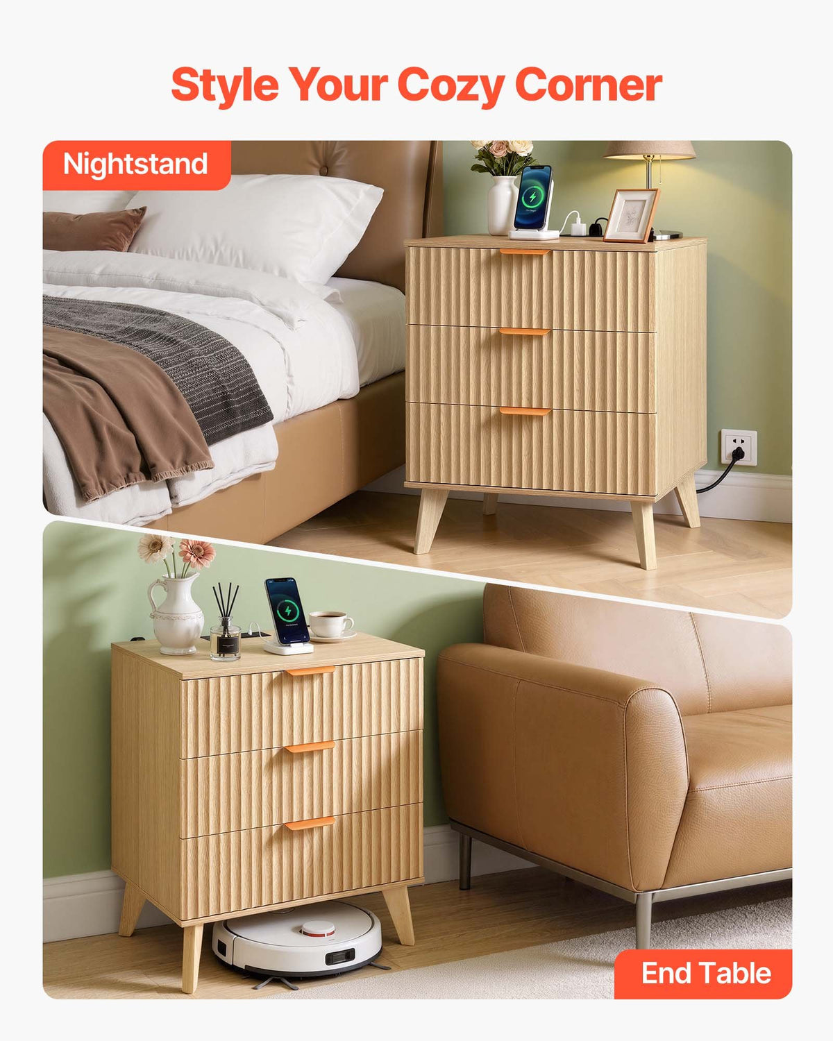 VEVOR Fluted Nightstand with Charging Station, with 3 Drawers, Dresser for Bedroom, Mid Century Modern End Table, Bedside Storage Cabinet Side Table Chest of Dresser, for Bedroom, Living Room, Khaki - BCGBSBZHBCTJ9KRXZ001V1 - view 8