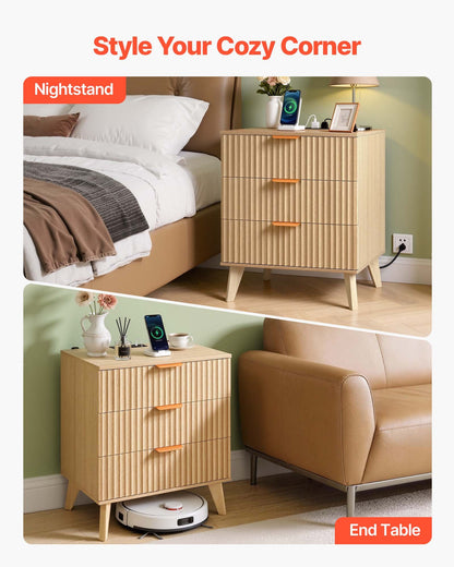 VEVOR Fluted Nightstand with Charging Station, with 3 Drawers, Dresser for Bedroom, Mid Century Modern End Table, Bedside Storage Cabinet Side Table Chest of Dresser, for Bedroom, Living Room, Khaki - BCGBSBZHBCTJ9KRXZ001V1 - view 8
