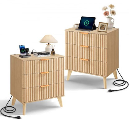 VEVOR Fluted Nightstands with Charging Station, Set of 2, Dresser for Bedroom with 3 Drawers, Mid Century Modern End Table, Bedside Cabinet Side Table Chest of Dresser, for Bedroom, Living Room, Khaki - BCGBSBZHBCTJKOSPO001V1 - view 2