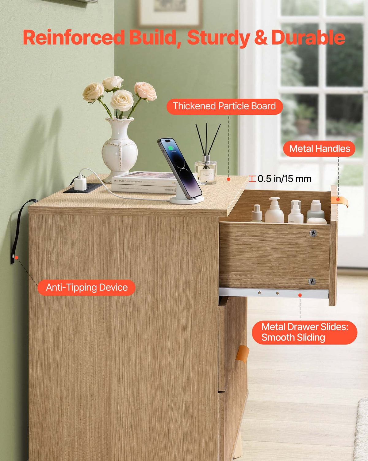 VEVOR Fluted Nightstands with Charging Station, Set of 2, Dresser for Bedroom with 3 Drawers, Mid Century Modern End Table, Bedside Cabinet Side Table Chest of Dresser, for Bedroom, Living Room, Khaki - BCGBSBZHBCTJKOSPO001V1 - view 7