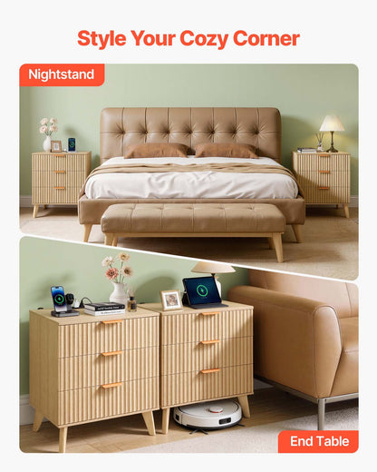 VEVOR Fluted Nightstands with Charging Station, Set of 2, Dresser for Bedroom with 3 Drawers, Mid Century Modern End Table, Bedside Cabinet Side Table Chest of Dresser, for Bedroom, Living Room, Khaki - BCGBSBZHBCTJKOSPO001V1 - view 8