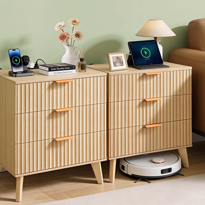VEVOR Fluted Nightstands with Charging Station, Set of 2, Dresser for Bedroom with 3 Drawers, Mid Century Modern End Table, Bedside Cabinet Side Table Chest of Dresser, for Bedroom, Living Room, Khaki - BCGBSBZHBCTJKOSPO001V1 - view 9