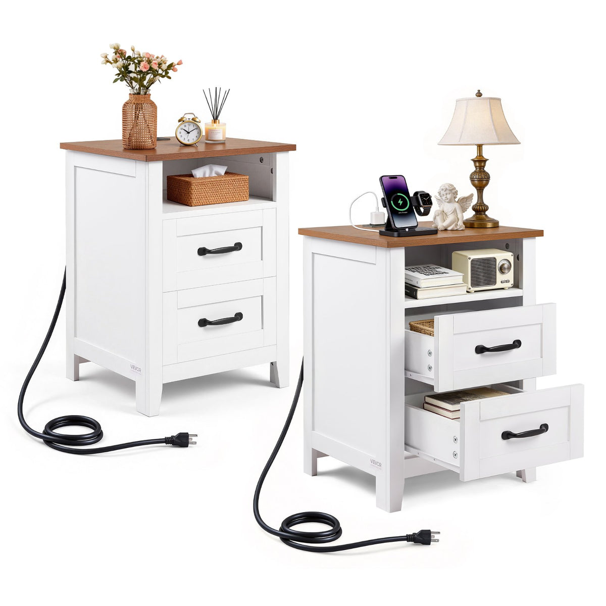 VEVOR Farmhouse Nightstands, with Charging Station, Set of 2, End Tables with 2 Drawers and Open Shelf, Bedside Storage Cabinets, Rustic Side Tables with USB Port, for Bedroom, Living Room, White - BCGBSBZHBCTJOT344001V1 - view 1