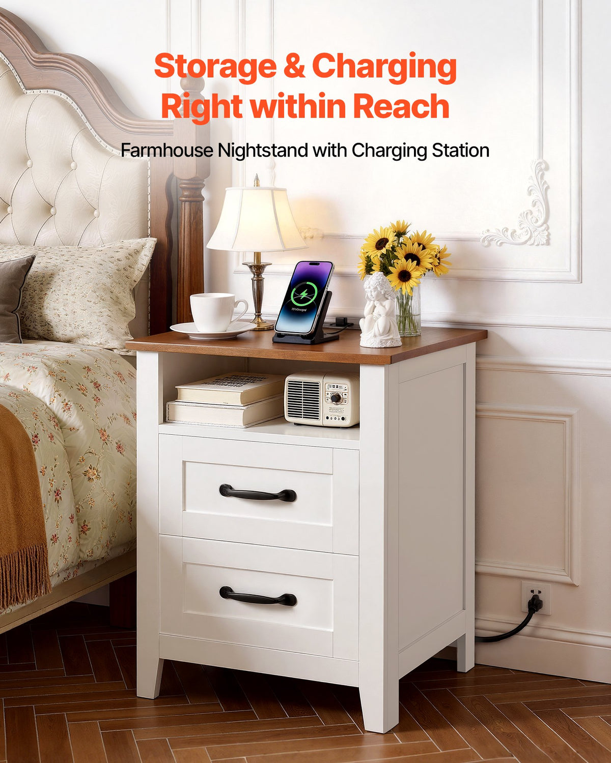 VEVOR Farmhouse Nightstands, with Charging Station, Set of 2, End Tables with 2 Drawers and Open Shelf, Bedside Storage Cabinets, Rustic Side Tables with USB Port, for Bedroom, Living Room, White - BCGBSBZHBCTJOT344001V1 - view 3