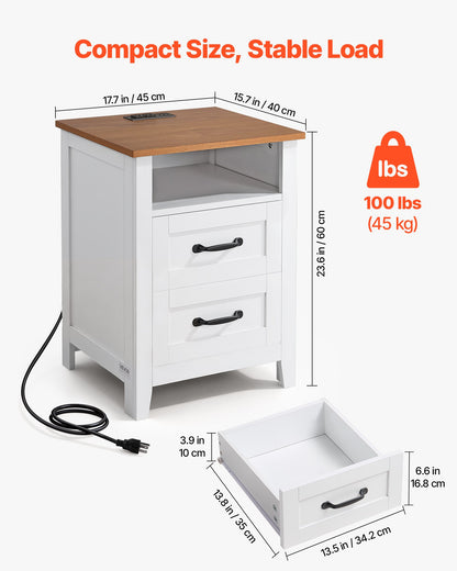 VEVOR Farmhouse Nightstands, with Charging Station, Set of 2, End Tables with 2 Drawers and Open Shelf, Bedside Storage Cabinets, Rustic Side Tables with USB Port, for Bedroom, Living Room, White - BCGBSBZHBCTJOT344001V1 - view 4