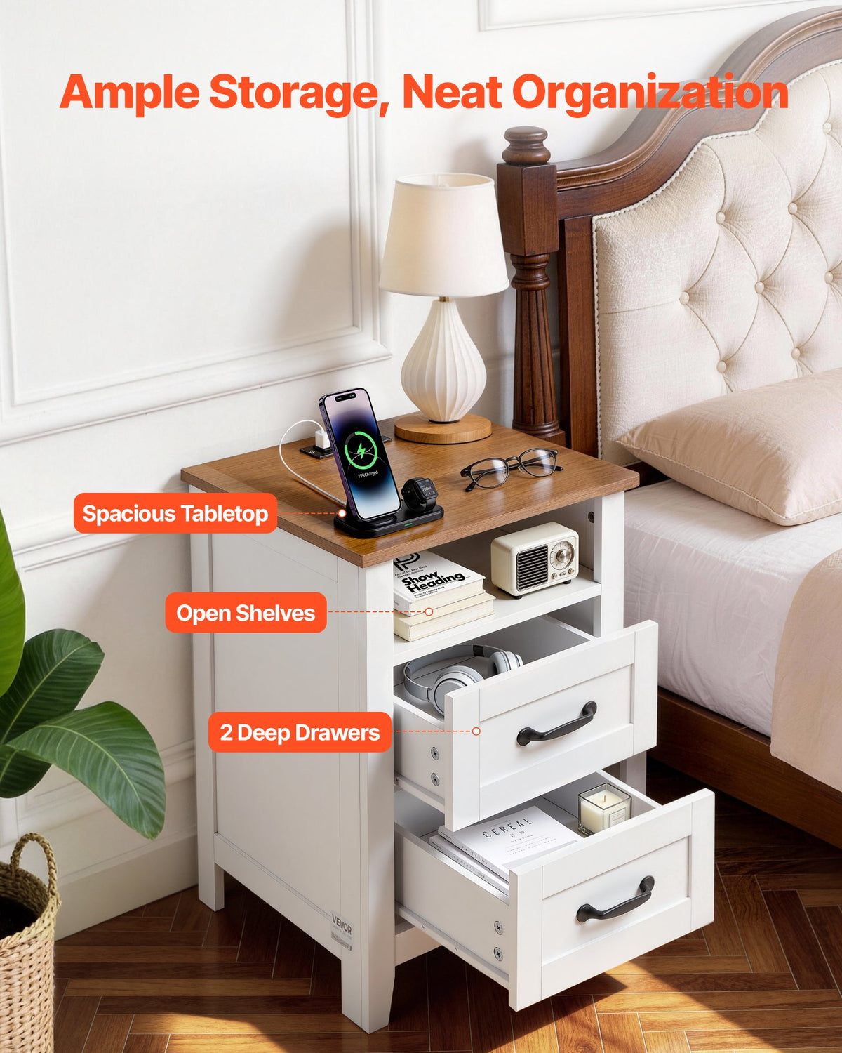 VEVOR Farmhouse Nightstands, with Charging Station, Set of 2, End Tables with 2 Drawers and Open Shelf, Bedside Storage Cabinets, Rustic Side Tables with USB Port, for Bedroom, Living Room, White - BCGBSBZHBCTJOT344001V1 - view 5
