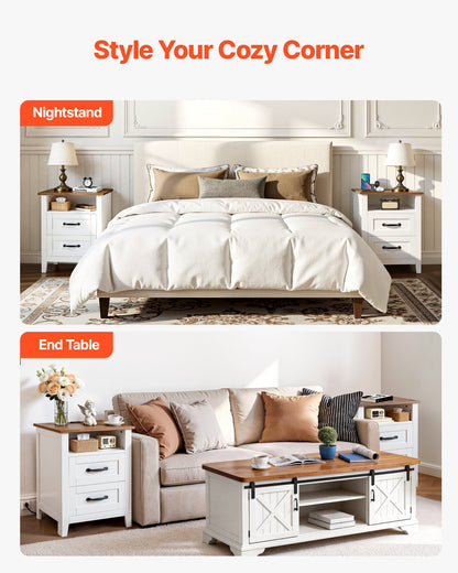 VEVOR Farmhouse Nightstands, with Charging Station, Set of 2, End Tables with 2 Drawers and Open Shelf, Bedside Storage Cabinets, Rustic Side Tables with USB Port, for Bedroom, Living Room, White - BCGBSBZHBCTJOT344001V1 - view 8