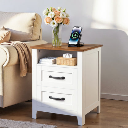 VEVOR Farmhouse Nightstands, with Charging Station, Set of 2, End Tables with 2 Drawers and Open Shelf, Bedside Storage Cabinets, Rustic Side Tables with USB Port, for Bedroom, Living Room, White - BCGBSBZHBCTJOT344001V1 - view 9