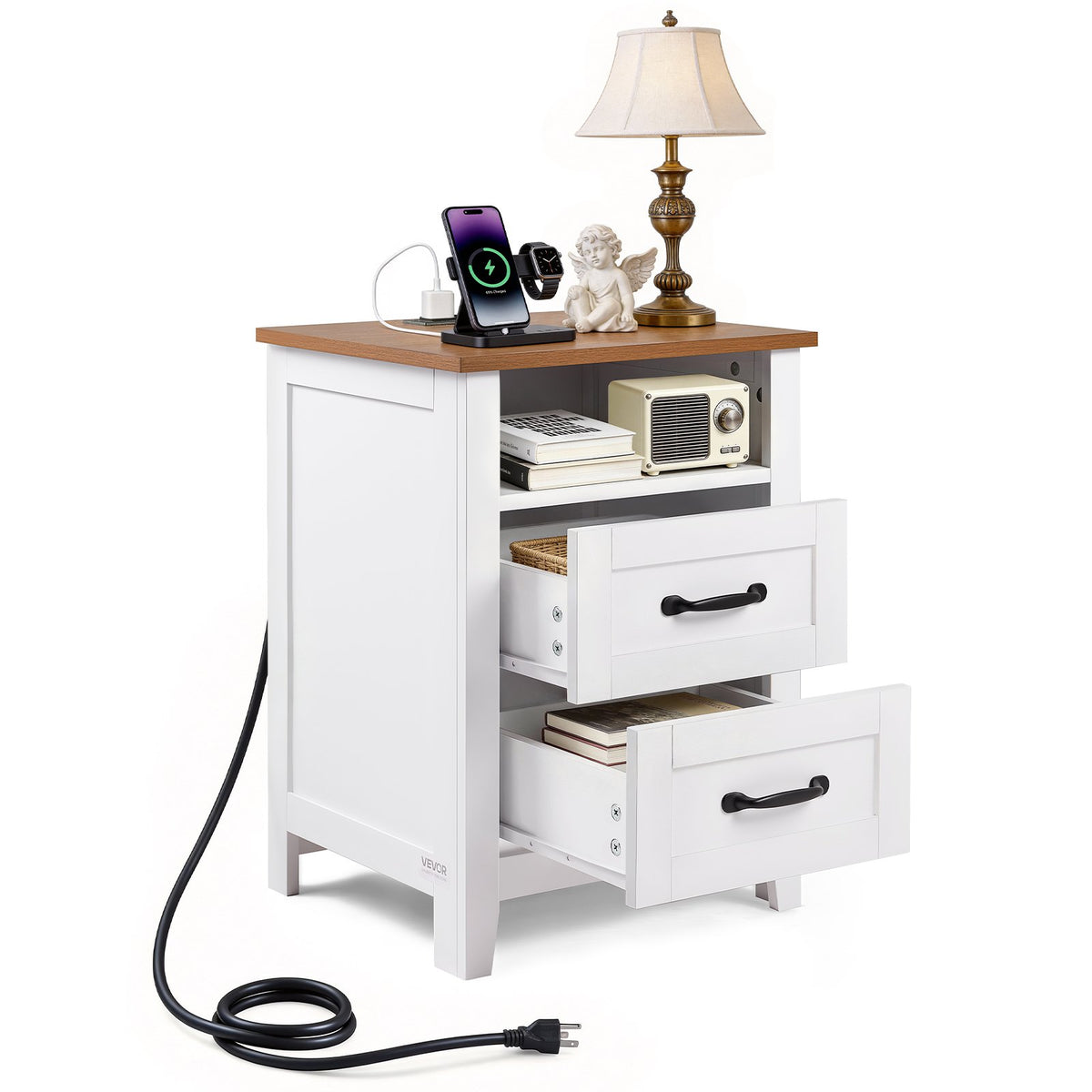 VEVOR Farmhouse Nightstand, with Charging Station, End Table with 2 Drawers and Open Shelf, Bedside Storage Cabinet, Rustic Side Table with USB Port and AC Outlets, for Bedroom, Living Room, White - BCGBSBZHBCTJTJFDP001V1 - view 1