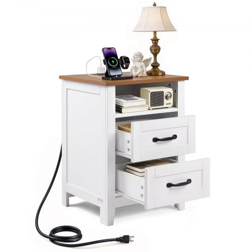 VEVOR Farmhouse Nightstand, with Charging Station, End Table with 2 Drawers and Open Shelf, Bedside Storage Cabinet, Rustic Side Table with USB Port and AC Outlets, for Bedroom, Living Room, White - BCGBSBZHBCTJTJFDP001V1 - view 2