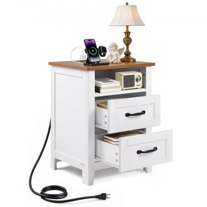 VEVOR Farmhouse Nightstand, with Charging Station, End Table with 2 Drawers and Open Shelf, Bedside Storage Cabinet, Rustic Side Table with USB Port and AC Outlets, for Bedroom, Living Room, White - BCGBSBZHBCTJTJFDP001V1 - view 2