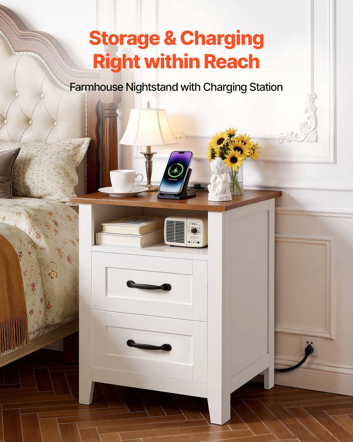 VEVOR Farmhouse Nightstand, with Charging Station, End Table with 2 Drawers and Open Shelf, Bedside Storage Cabinet, Rustic Side Table with USB Port and AC Outlets, for Bedroom, Living Room, White - BCGBSBZHBCTJTJFDP001V1 - view 3