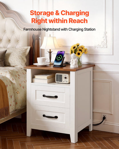 VEVOR Farmhouse Nightstand, with Charging Station, End Table with 2 Drawers and Open Shelf, Bedside Storage Cabinet, Rustic Side Table with USB Port and AC Outlets, for Bedroom, Living Room, White - BCGBSBZHBCTJTJFDP001V1 - view 3