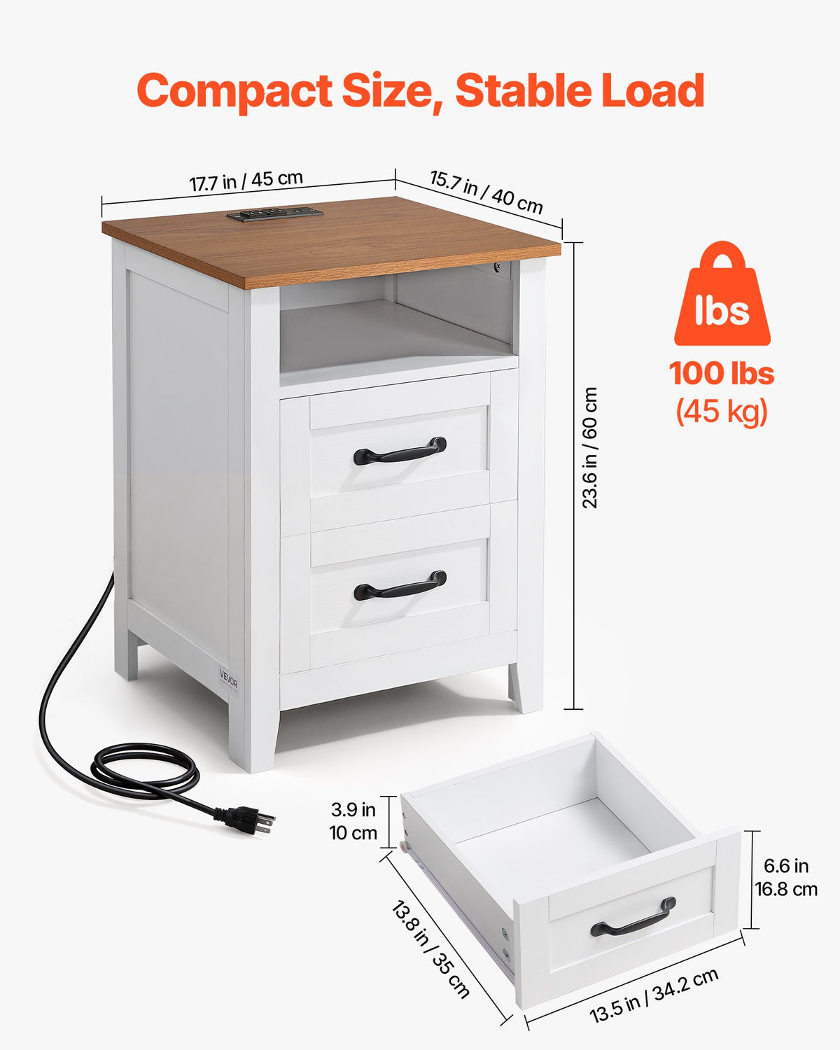 VEVOR Farmhouse Nightstand, with Charging Station, End Table with 2 Drawers and Open Shelf, Bedside Storage Cabinet, Rustic Side Table with USB Port and AC Outlets, for Bedroom, Living Room, White - BCGBSBZHBCTJTJFDP001V1 - view 4