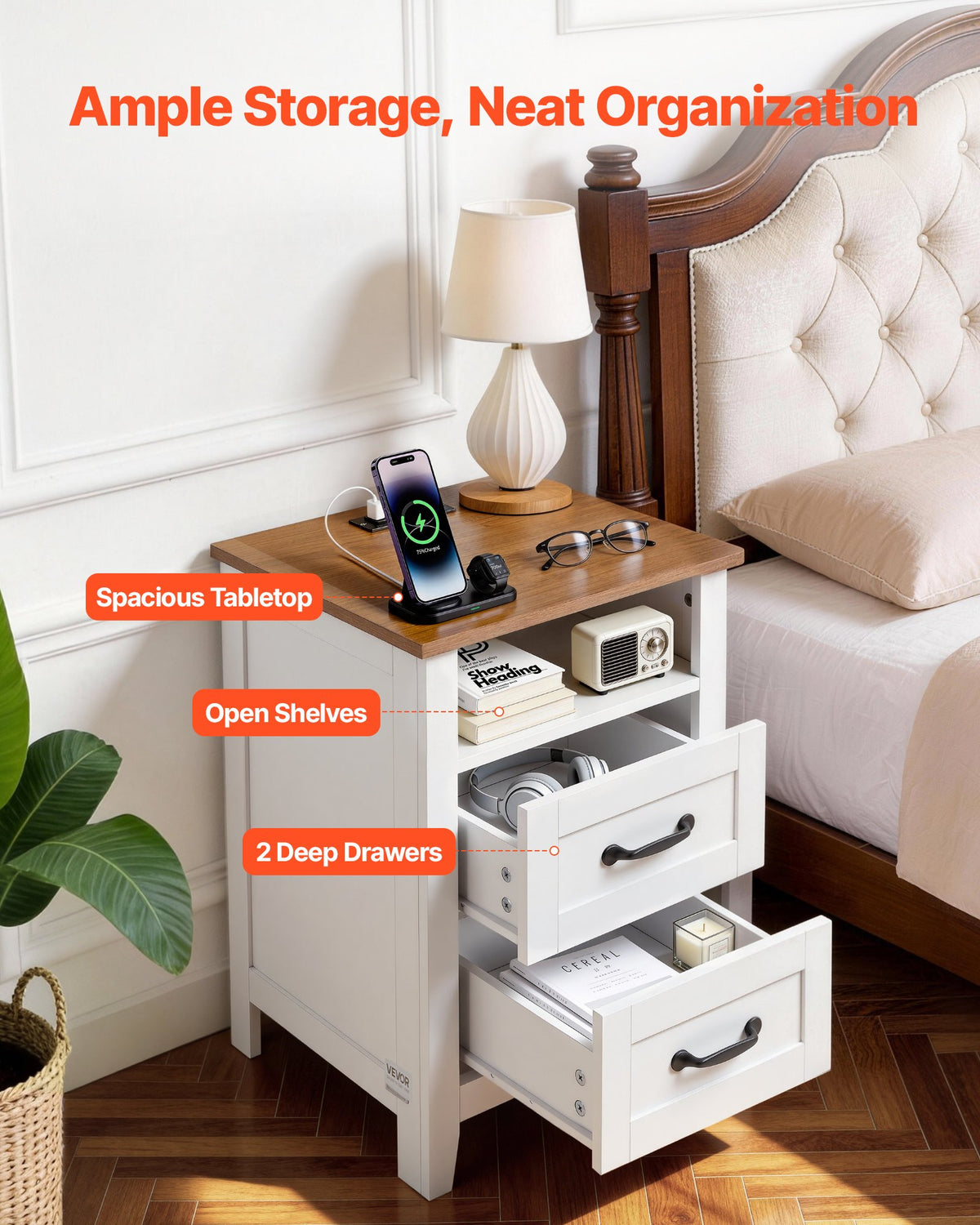 VEVOR Farmhouse Nightstand, with Charging Station, End Table with 2 Drawers and Open Shelf, Bedside Storage Cabinet, Rustic Side Table with USB Port and AC Outlets, for Bedroom, Living Room, White - BCGBSBZHBCTJTJFDP001V1 - view 5