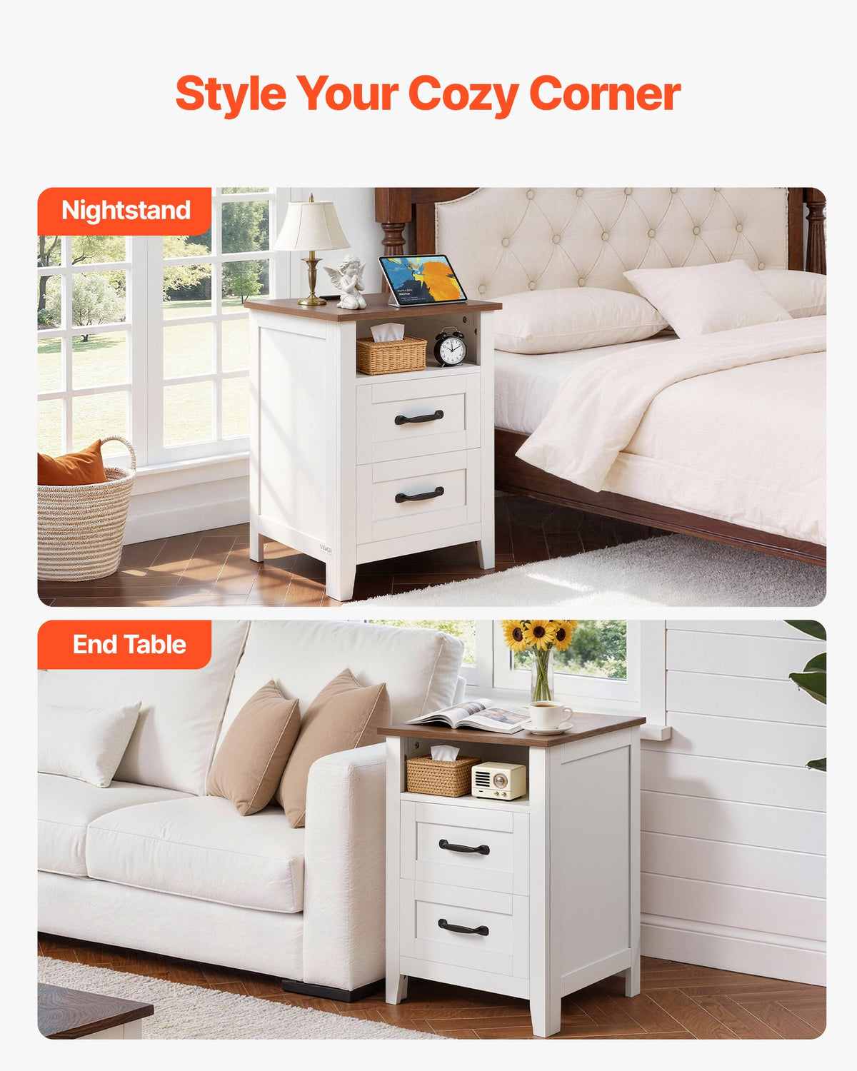 VEVOR Farmhouse Nightstand, with Charging Station, End Table with 2 Drawers and Open Shelf, Bedside Storage Cabinet, Rustic Side Table with USB Port and AC Outlets, for Bedroom, Living Room, White - BCGBSBZHBCTJTJFDP001V1 - view 8
