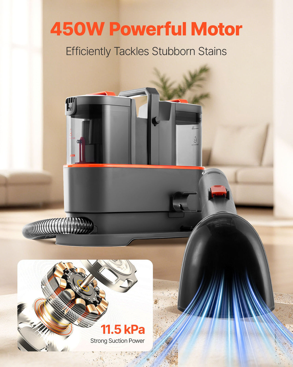 VEVOR Carpet Cleaner Machine, 50.72 oz Clean Water Tank & 27.05 oz Dirty Water Tank, Portable Upholstery Shampooer, 11.5Kpa Handheld Furniture Extractor, Spot and Stain Deep Cleaner for Rug Couch Car - BCGBXSDTQXJY9ES2J001V1 - view 3