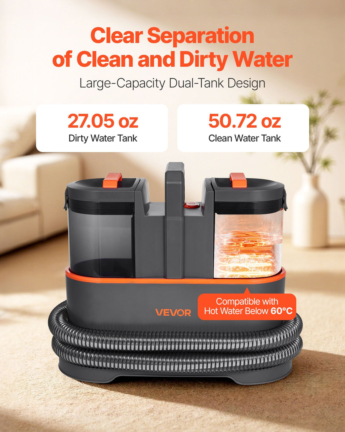 VEVOR Carpet Cleaner Machine, 50.72 oz Clean Water Tank & 27.05 oz Dirty Water Tank, Portable Upholstery Shampooer, 11.5Kpa Handheld Furniture Extractor, Spot and Stain Deep Cleaner for Rug Couch Car - BCGBXSDTQXJY9ES2J001V1 - view 5