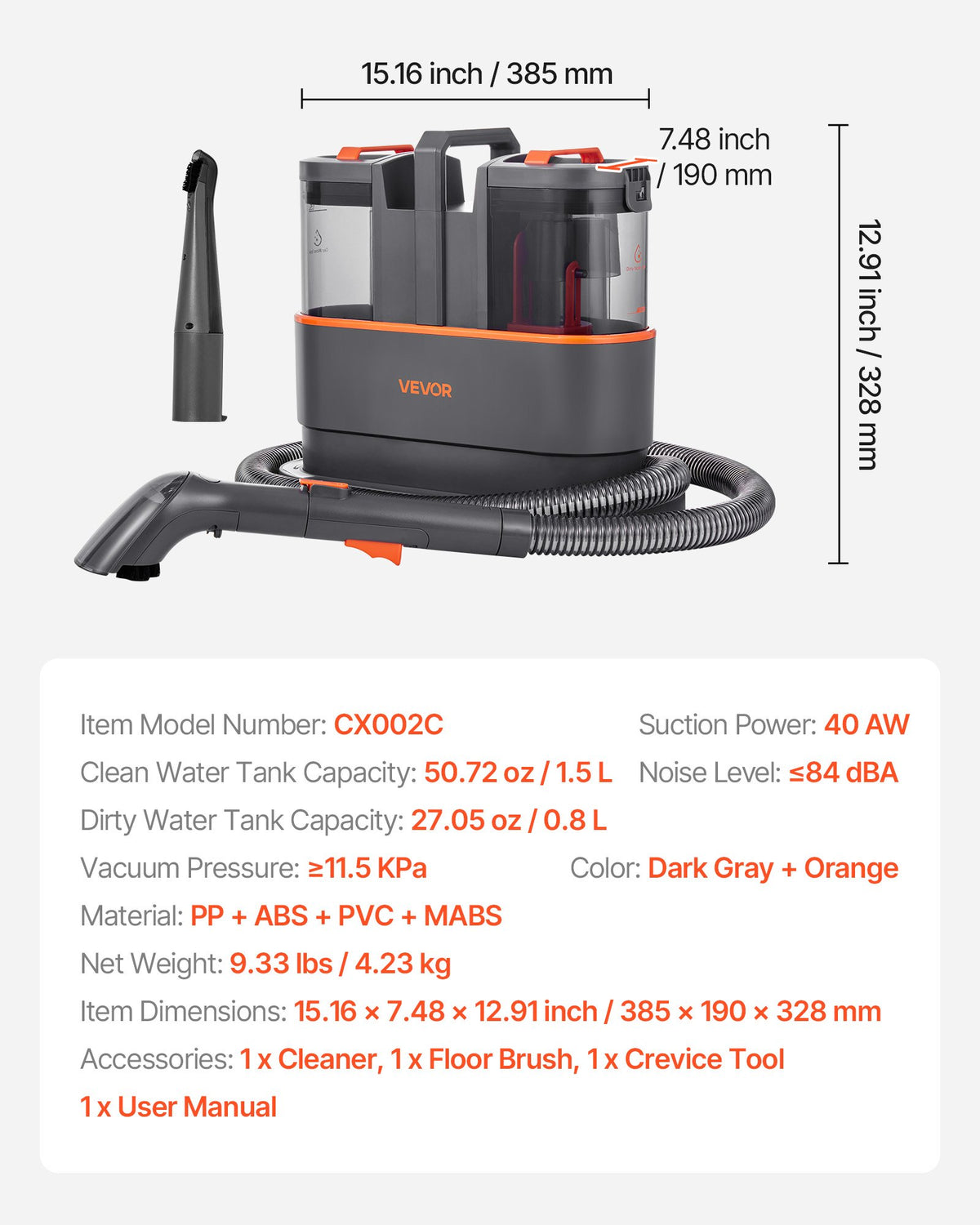 VEVOR Carpet Cleaner Machine, 50.72 oz Clean Water Tank & 27.05 oz Dirty Water Tank, Portable Upholstery Shampooer, 11.5Kpa Handheld Furniture Extractor, Spot and Stain Deep Cleaner for Rug Couch Car - BCGBXSDTQXJY9ES2J001V1 - view 8