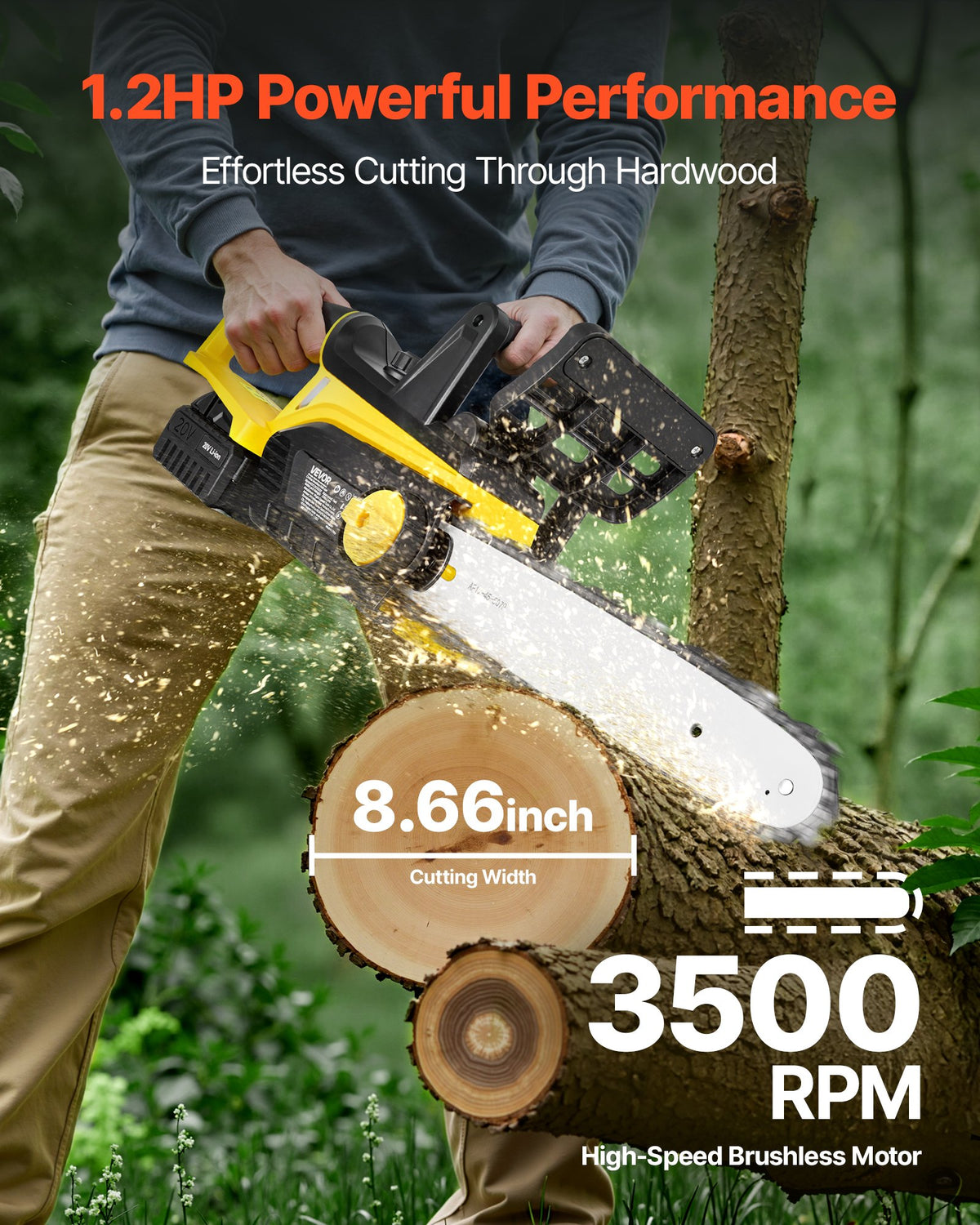 VEVOR Cordless Chainsaw, 20V 12-Inch Brushless Chainsaw Battery Powered, 4.0Ah Battery and Rapid Charger Included, Handheld Electric Chain Saw for Tree Felling, Wood Cutting, Pruning, and Trimming - BCGDDLJWX20VLYJ05001V1 - view 3