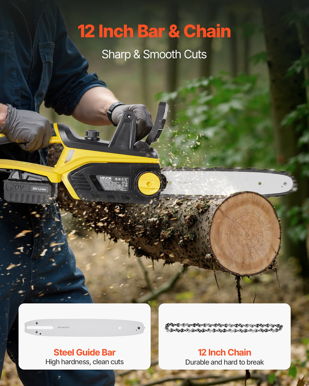 VEVOR Cordless Chainsaw, 20V 12-Inch Brushless Chainsaw Battery Powered, 4.0Ah Battery and Rapid Charger Included, Handheld Electric Chain Saw for Tree Felling, Wood Cutting, Pruning, and Trimming - BCGDDLJWX20VLYJ05001V1 - view 4