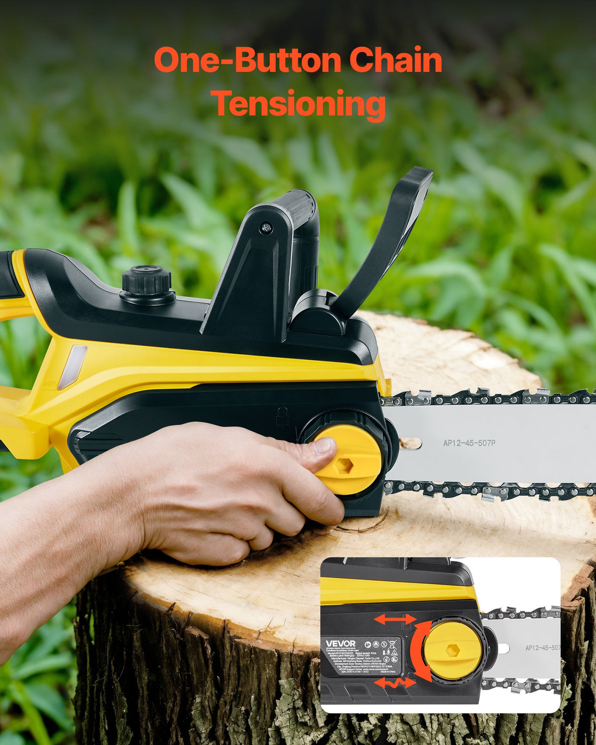 VEVOR Cordless Chainsaw, 20V 12-Inch Brushless Chainsaw Battery Powered, 4.0Ah Battery and Rapid Charger Included, Handheld Electric Chain Saw for Tree Felling, Wood Cutting, Pruning, and Trimming - BCGDDLJWX20VLYJ05001V1 - view 7