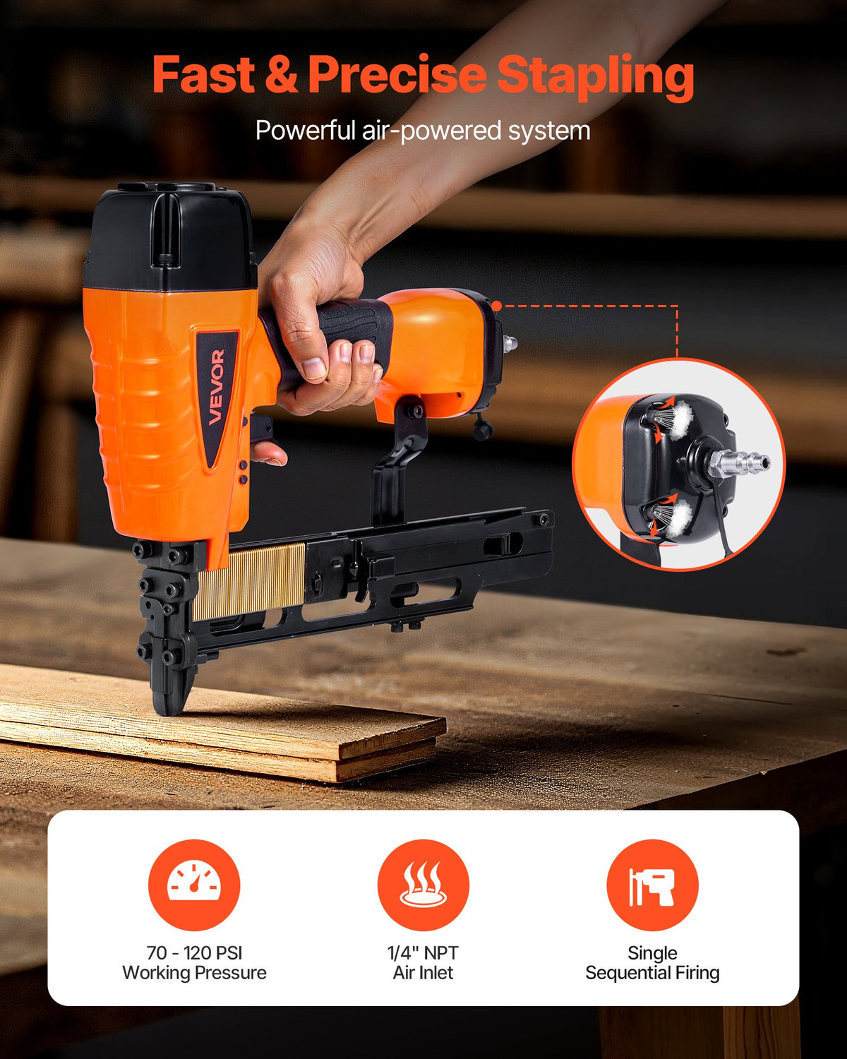 VEVOR Pneumatic Staple Gun, 16 Gauge 7/16-inch Medium Crown Pneumatic Stapler 1" to 2" Length, 70-120PSI Heavy Duty Air-Powered Staple Gun for Roof Decking, Wall Sheathing, Fencing and Subflooring - BCGDSDDQ16GAE9Q9L001V0 - view 3