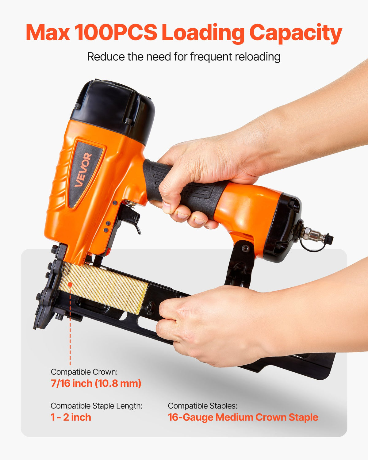 VEVOR Pneumatic Staple Gun, 16 Gauge 7/16-inch Medium Crown Pneumatic Stapler 1" to 2" Length, 70-120PSI Heavy Duty Air-Powered Staple Gun for Roof Decking, Wall Sheathing, Fencing and Subflooring - BCGDSDDQ16GAE9Q9L001V0 - view 4