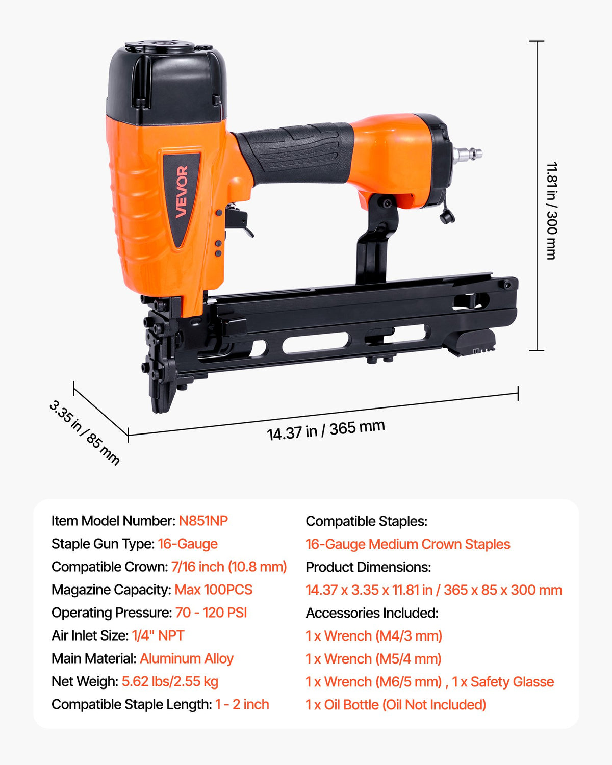 VEVOR Pneumatic Staple Gun, 16 Gauge 7/16-inch Medium Crown Pneumatic Stapler 1" to 2" Length, 70-120PSI Heavy Duty Air-Powered Staple Gun for Roof Decking, Wall Sheathing, Fencing and Subflooring - BCGDSDDQ16GAE9Q9L001V0 - view 8