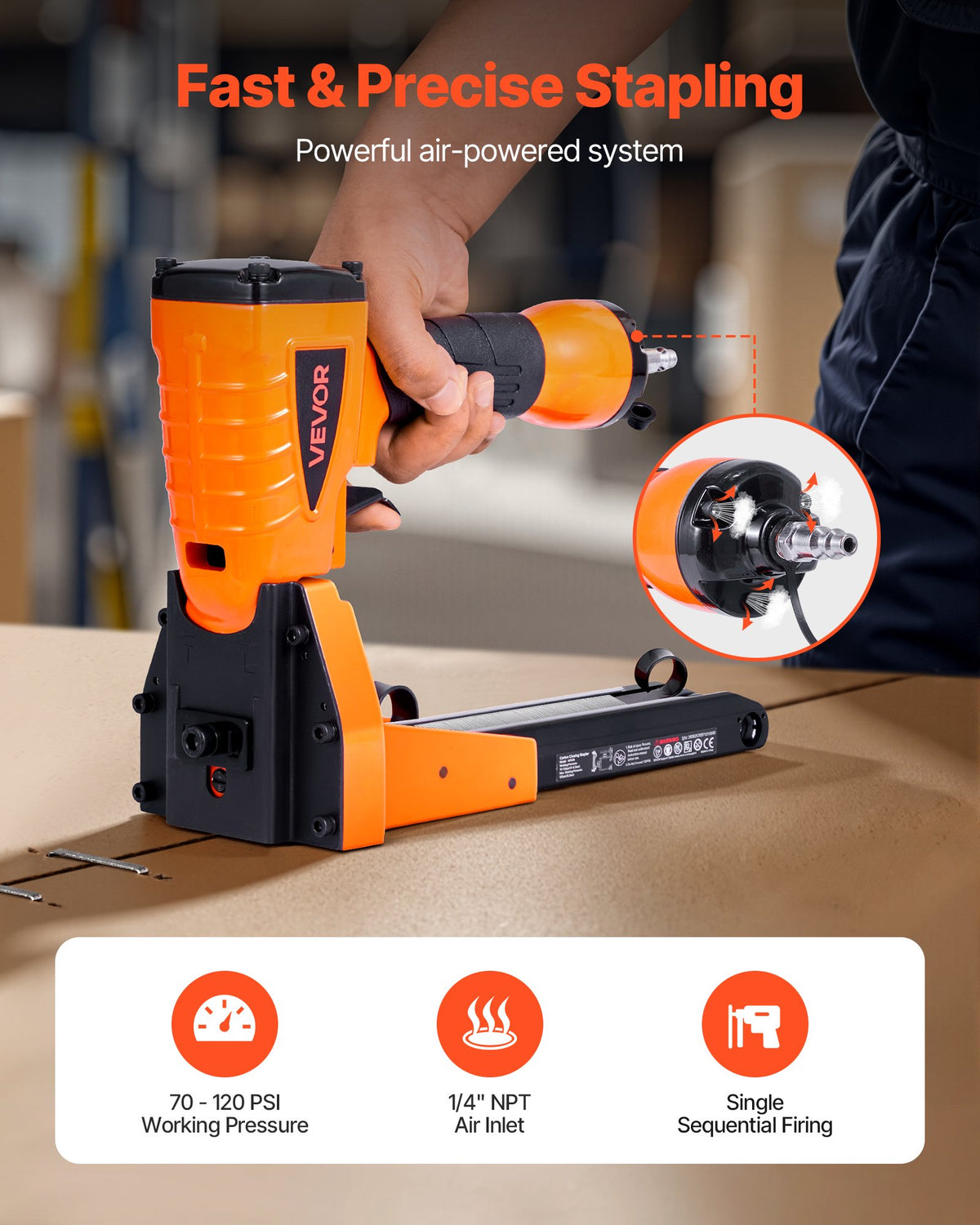 VEVOR Pneumatic Carton Closing Stapler, 13 Gauge Pneumatic Cardboard Staple Gun for 1-3/8 inch Crown 5/8" & 3/4" Length, Depth-Adjustable 70-120 PSI Air Staple Gun for Boxes Carton Closing, Packaging - BCGDSDDQ16GAIKDKG001V0 - view 3
