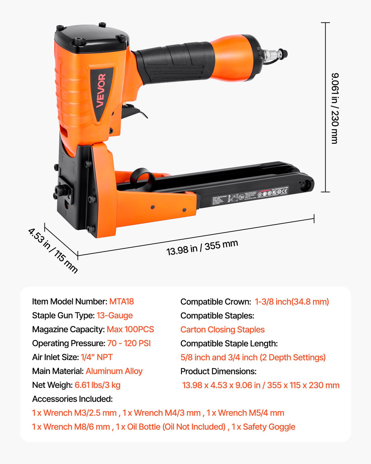 VEVOR Pneumatic Carton Closing Stapler, 13 Gauge Pneumatic Cardboard Staple Gun for 1-3/8 inch Crown 5/8" & 3/4" Length, Depth-Adjustable 70-120 PSI Air Staple Gun for Boxes Carton Closing, Packaging - BCGDSDDQ16GAIKDKG001V0 - view 8