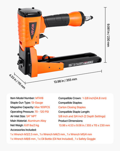 VEVOR Pneumatic Carton Closing Stapler, 13 Gauge Pneumatic Cardboard Staple Gun for 1-3/8 inch Crown 5/8" & 3/4" Length, Depth-Adjustable 70-120 PSI Air Staple Gun for Boxes Carton Closing, Packaging - BCGDSDDQ16GAIKDKG001V0 - view 8