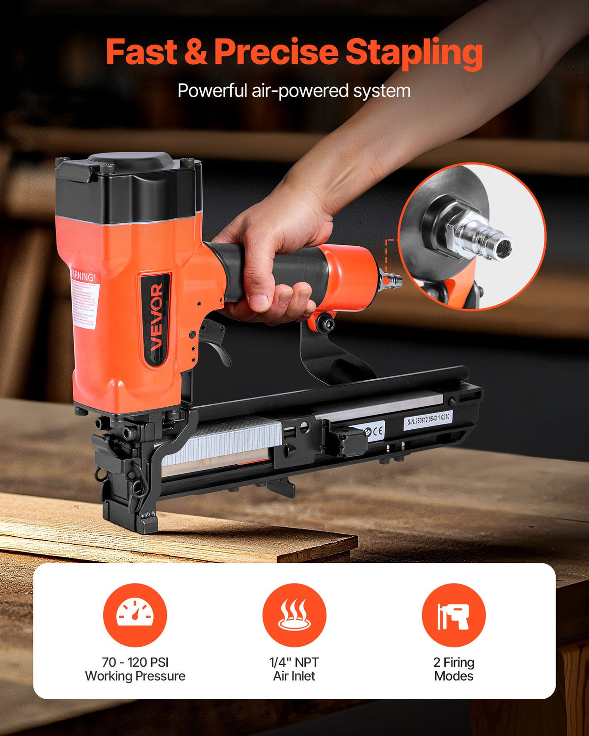 VEVOR Pneumatic Staple Gun, 16 Gauge 1-inch Wide Crown Pneumatic Stapler 5/8" to 1-1/2" Length, 70-120PSI Air Staple Gun with Two Firing Modes for Roof Decking, Wall Sheathing, Fencing, Subflooring - BCGDSDDQ16GASWKGT001V0 - view 3