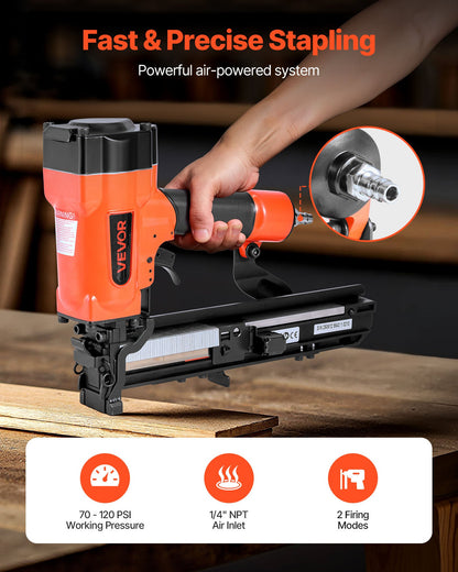 VEVOR Pneumatic Staple Gun, 16 Gauge 1-inch Wide Crown Pneumatic Stapler 5/8" to 1-1/2" Length, 70-120PSI Air Staple Gun with Two Firing Modes for Roof Decking, Wall Sheathing, Fencing, Subflooring - BCGDSDDQ16GASWKGT001V0 - view 3