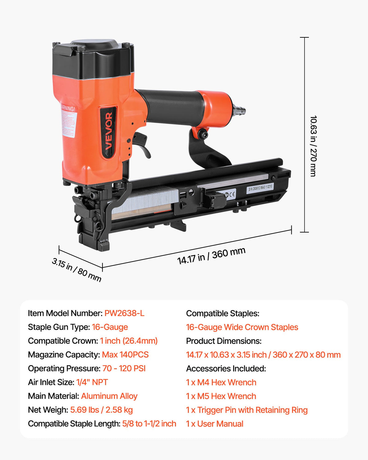 VEVOR Pneumatic Staple Gun, 16 Gauge 1-inch Wide Crown Pneumatic Stapler 5/8" to 1-1/2" Length, 70-120PSI Air Staple Gun with Two Firing Modes for Roof Decking, Wall Sheathing, Fencing, Subflooring - BCGDSDDQ16GASWKGT001V0 - view 8