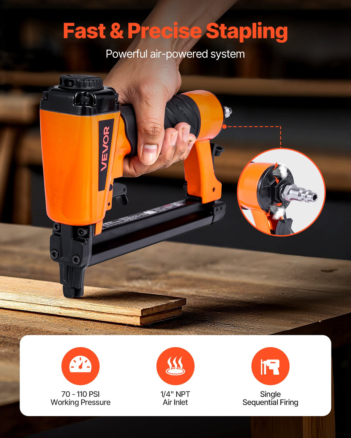 VEVOR Pneumatic Staple Gun, 20 Gauge T50 Pneumatic Upholstery Stapler for 7/16" Crown 5/32"-5/8" Length Staples, 70-110 PSI Air Staple Gun for Woodworking, Upholstering, Fabric, Crafts, DIY Projects - BCGDSDDQ20GAVNSI5001V0 - view 3