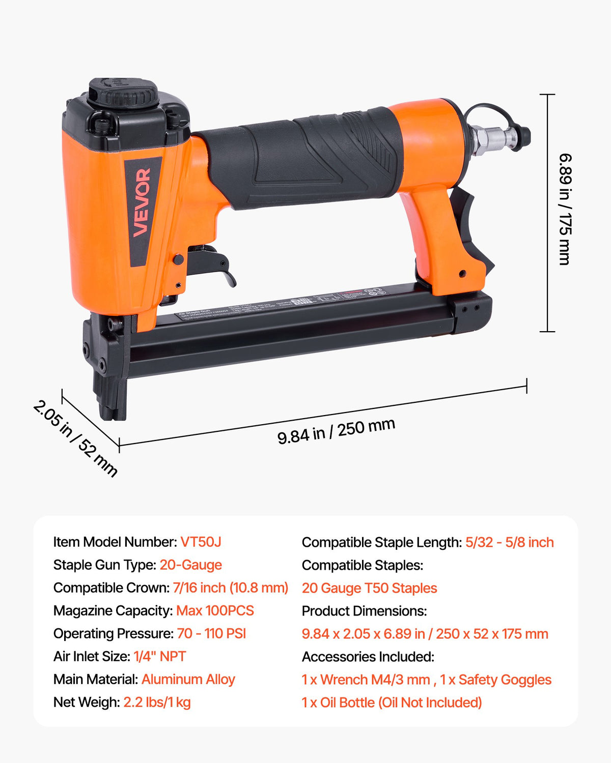 VEVOR Pneumatic Staple Gun, 20 Gauge T50 Pneumatic Upholstery Stapler for 7/16" Crown 5/32"-5/8" Length Staples, 70-110 PSI Air Staple Gun for Woodworking, Upholstering, Fabric, Crafts, DIY Projects - BCGDSDDQ20GAVNSI5001V0 - view 8
