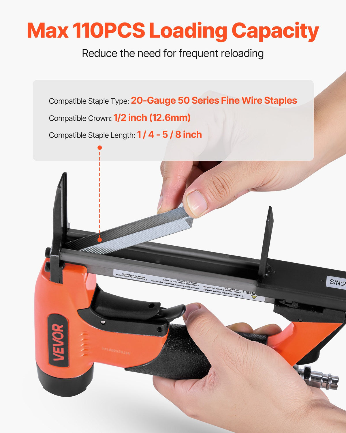 VEVOR Pneumatic Staple Gun, 20 Gauge Long-Nose Upholstery Stapler for 50 Series Fine Wire Staples 1/2-inch Crown 1/4"-5/8" Length, Max 110PCS Loading Air Staple Gun for Upholstering, Woodworking, DIY - BCGDSDDQ20GAVQ3M4001V0 - view 5