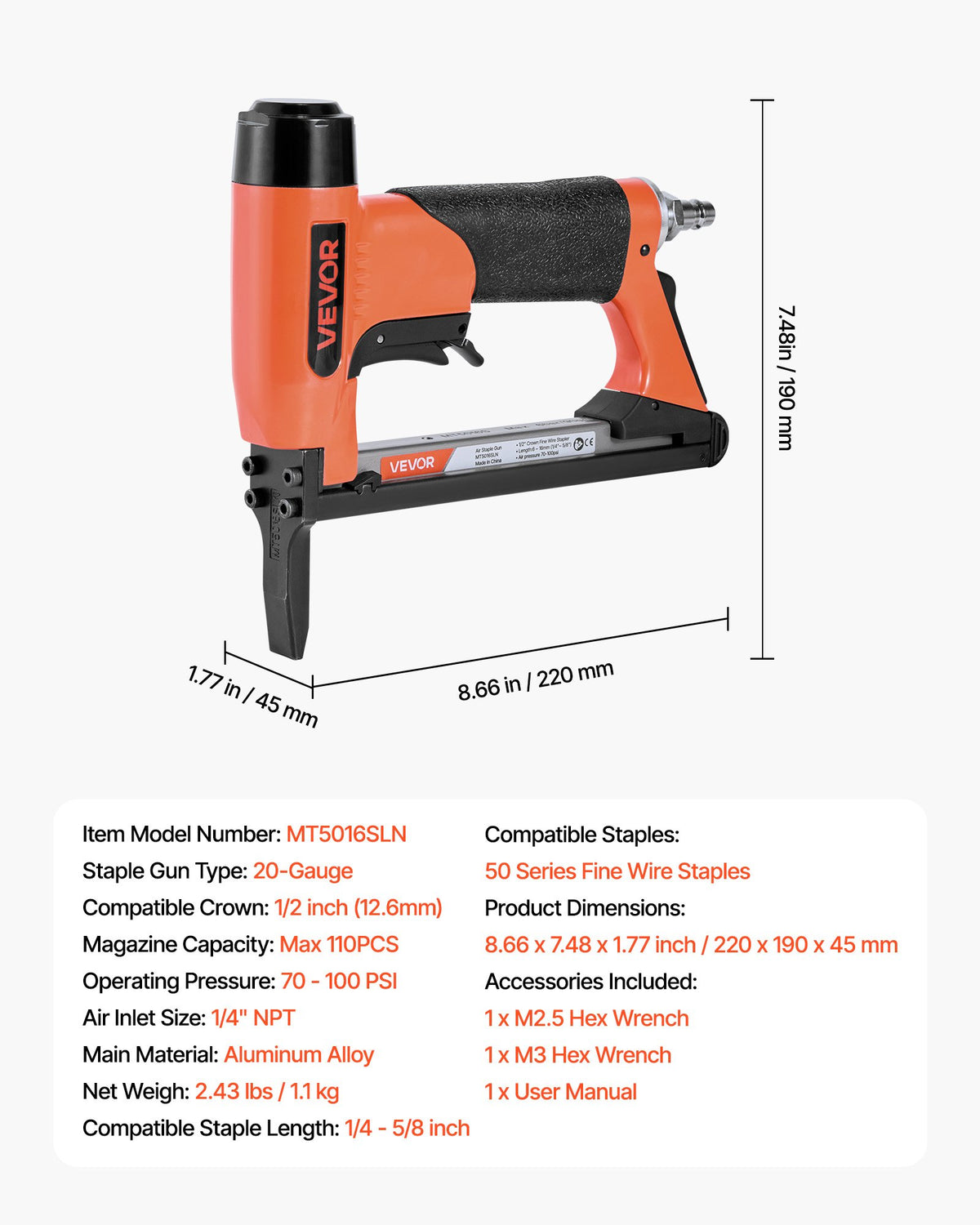 VEVOR Pneumatic Staple Gun, 20 Gauge Long-Nose Upholstery Stapler for 50 Series Fine Wire Staples 1/2-inch Crown 1/4"-5/8" Length, Max 110PCS Loading Air Staple Gun for Upholstering, Woodworking, DIY - BCGDSDDQ20GAVQ3M4001V0 - view 8