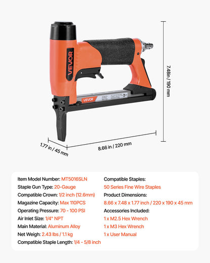 VEVOR Pneumatic Staple Gun, 20 Gauge Long-Nose Upholstery Stapler for 50 Series Fine Wire Staples 1/2-inch Crown 1/4"-5/8" Length, Max 110PCS Loading Air Staple Gun for Upholstering, Woodworking, DIY - BCGDSDDQ20GAVQ3M4001V0 - view 8