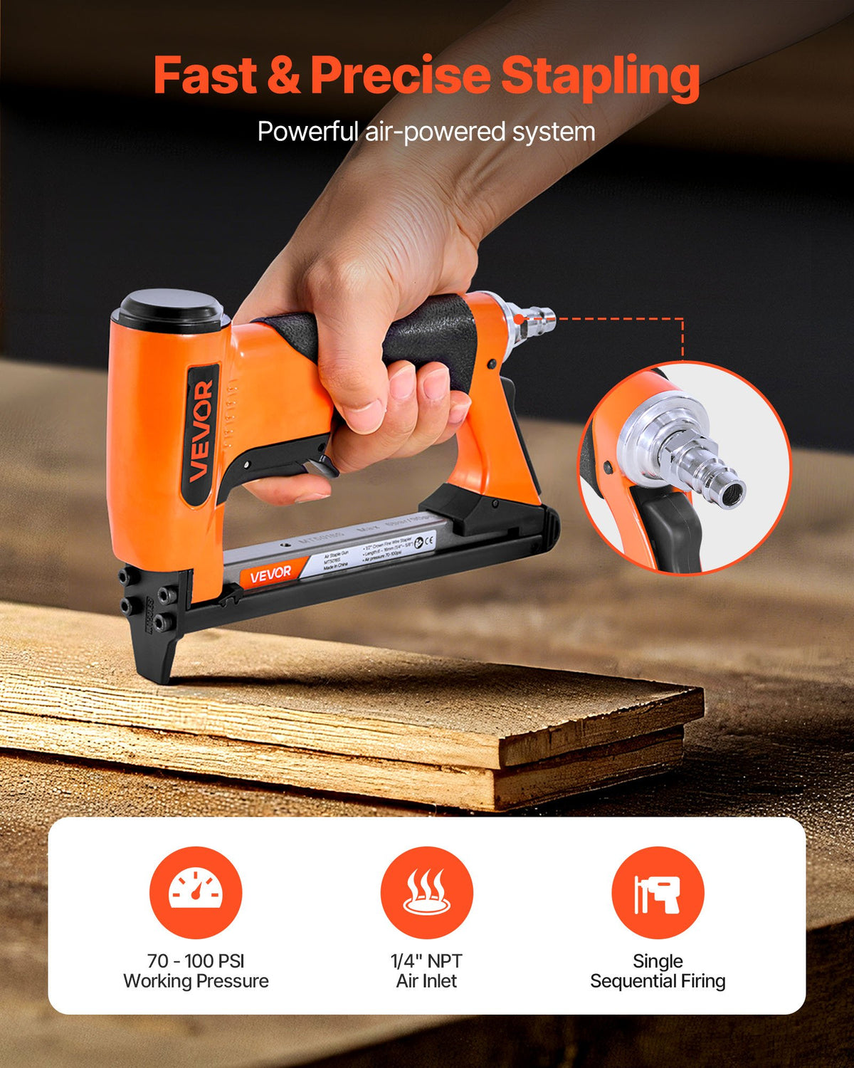 VEVOR Pneumatic Staple Gun, 20 Gauge Air Upholstery Stapler for 50 Series Fine Wire Staples 1/2" Crown 1/4"-5/8" Length, Max 110PCS Loading Air Staple Gun for Upholstering, Woodworking, DIY Projects - BCGDSDDQ20GAZULJS001V0 - view 3