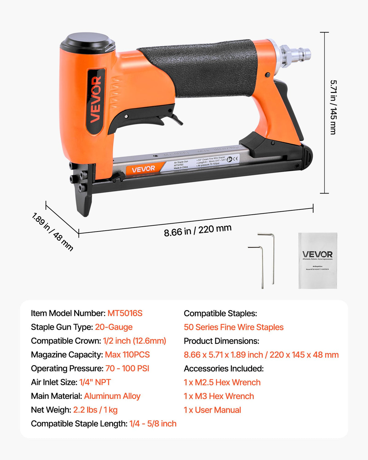 VEVOR Pneumatic Staple Gun, 20 Gauge Air Upholstery Stapler for 50 Series Fine Wire Staples 1/2" Crown 1/4"-5/8" Length, Max 110PCS Loading Air Staple Gun for Upholstering, Woodworking, DIY Projects - BCGDSDDQ20GAZULJS001V0 - view 8