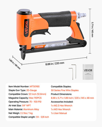 VEVOR Pneumatic Staple Gun, 20 Gauge Air Upholstery Stapler for 50 Series Fine Wire Staples 1/2" Crown 1/4"-5/8" Length, Max 110PCS Loading Air Staple Gun for Upholstering, Woodworking, DIY Projects - BCGDSDDQ20GAZULJS001V0 - view 8