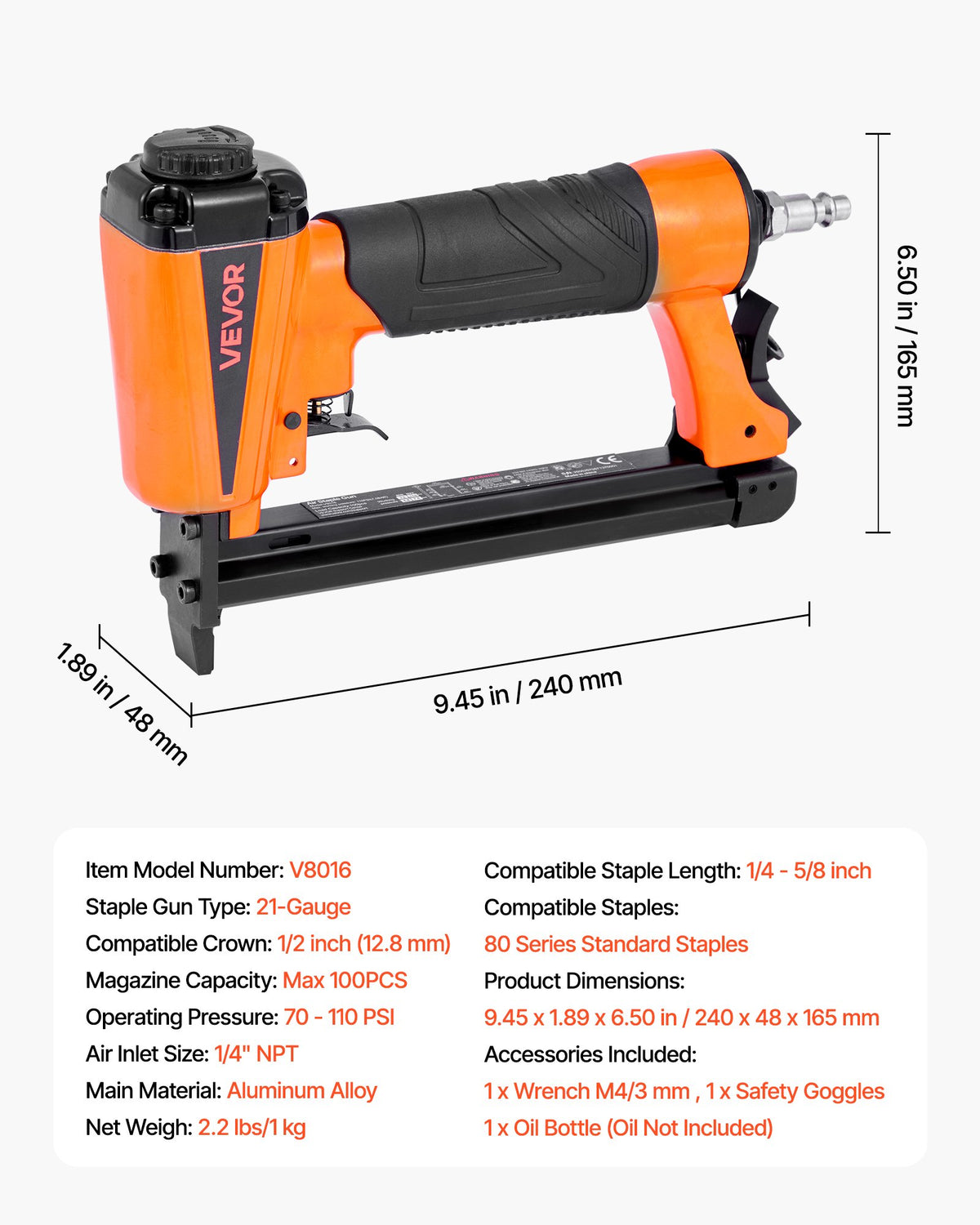 VEVOR Pneumatic Staple Gun, 21 Gauge Pneumatic Upholstery Stapler for 80 Series 1/2-inch Crown 1/4"-5/8" Length Staples, 70-110 PSI Air Staple Gun for Woodworking, Upholstering, Crafts, DIY Projects - BCGDSDDQ21GAESFXR001V0 - view 8