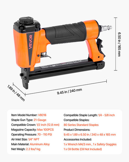 VEVOR Pneumatic Staple Gun, 21 Gauge Pneumatic Upholstery Stapler for 80 Series 1/2-inch Crown 1/4"-5/8" Length Staples, 70-110 PSI Air Staple Gun for Woodworking, Upholstering, Crafts, DIY Projects - BCGDSDDQ21GAESFXR001V0 - view 8